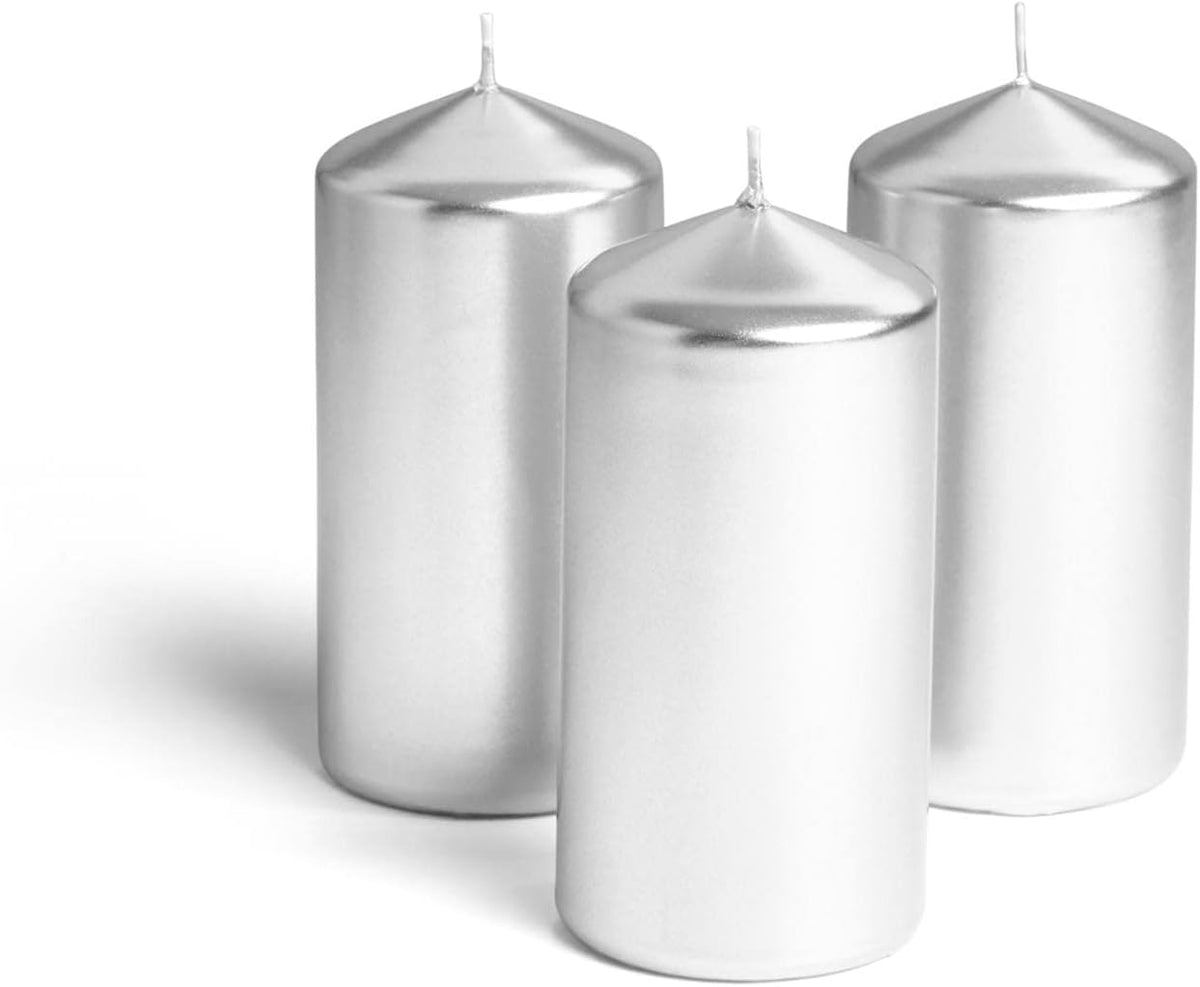 Metallic Cone Top Pillar Candles by Bask - Set of 3-3" x 6" Dripless Unscented Holiday Candles in Metallic Silver for Home Decor, Relaxation & All Occasions