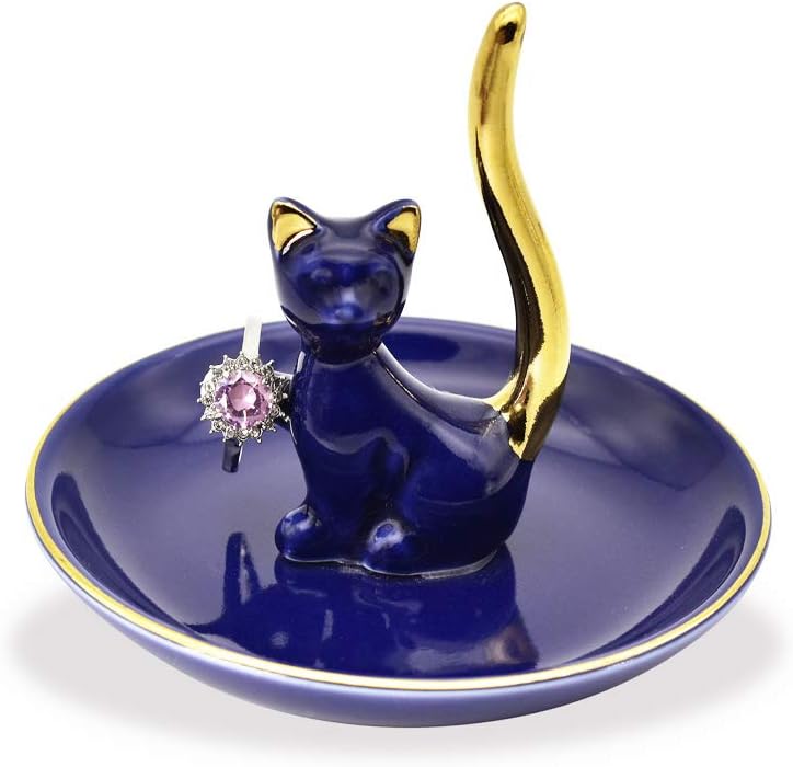 Lucky Kitten Ring Holder Jewelry Dish Organizer, Engagement Wedding Gifts, Boutique Royal Blue Decorative Jewelry Holder