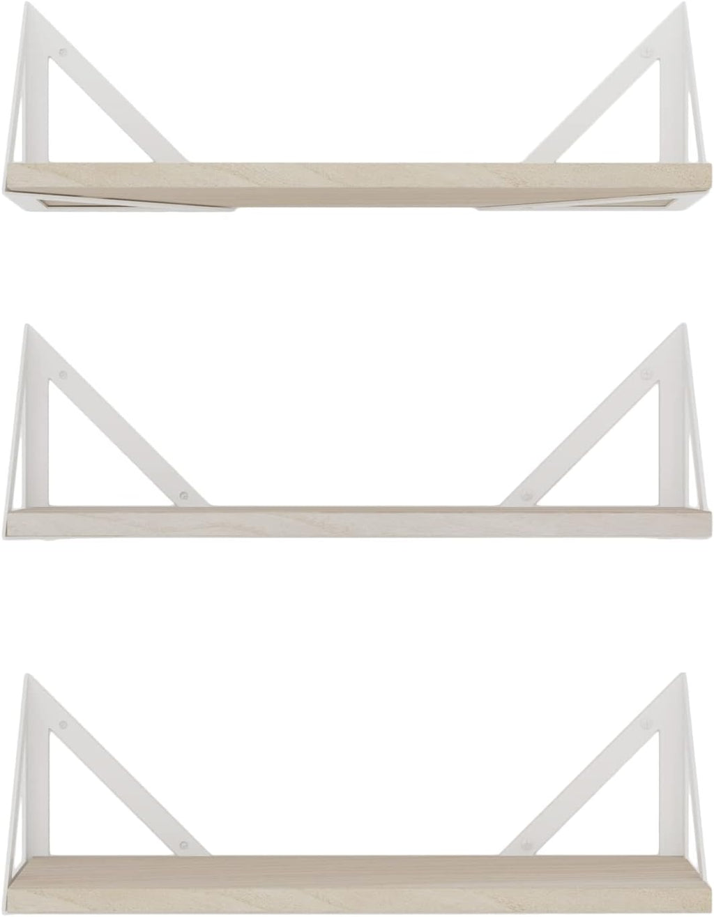 Wallniture Minori Floating Shelves for Wall Storage, Floating Bookshelf Set of 3, Bathroom and Kitchen Organizer Natural Wood Wall Shelves with White Brackets