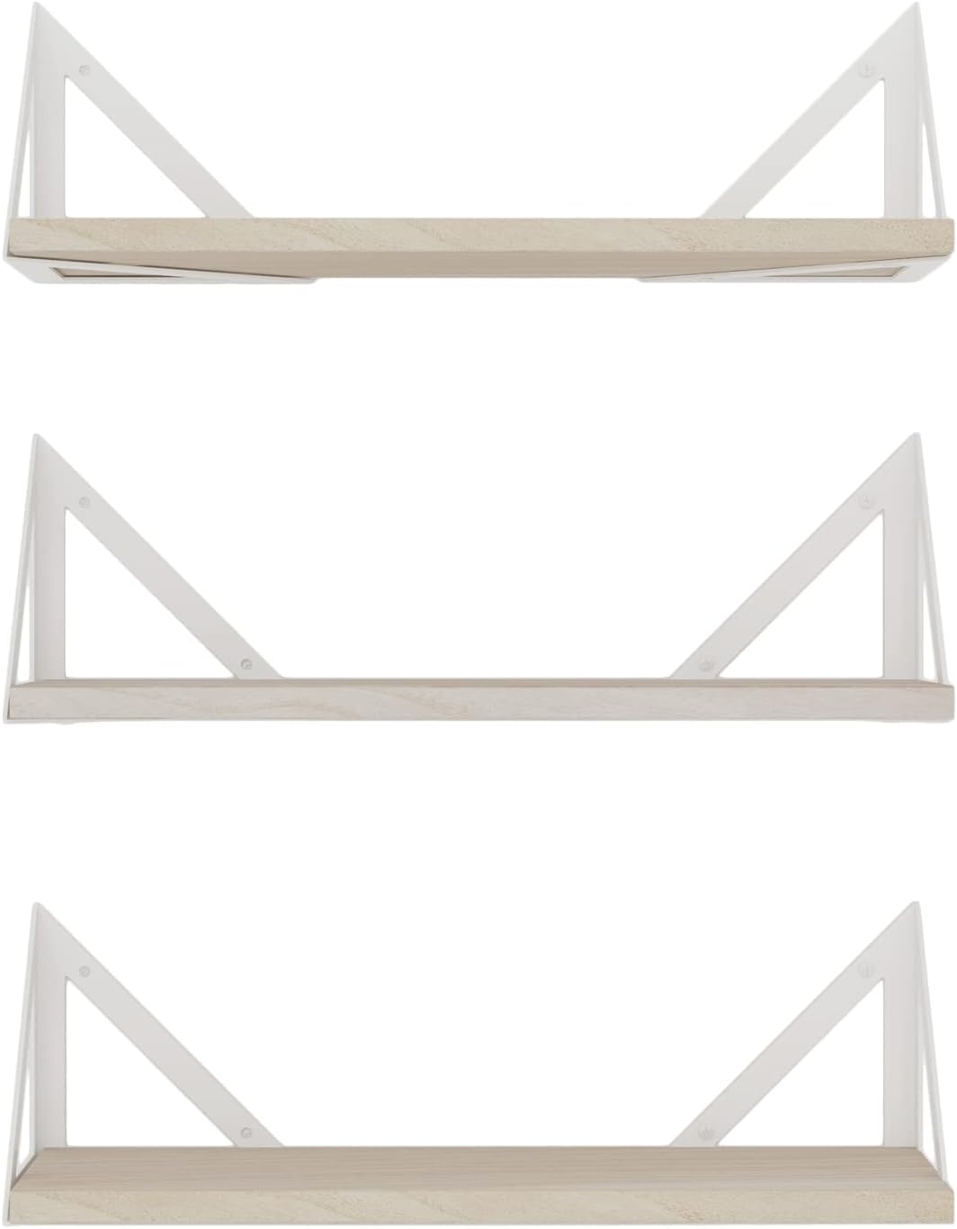 Wallniture Minori Floating Shelves for Wall Storage, Floating Bookshelf Set of 3, Bathroom and Kitchen Organizer Natural Wood Wall Shelves with White Brackets