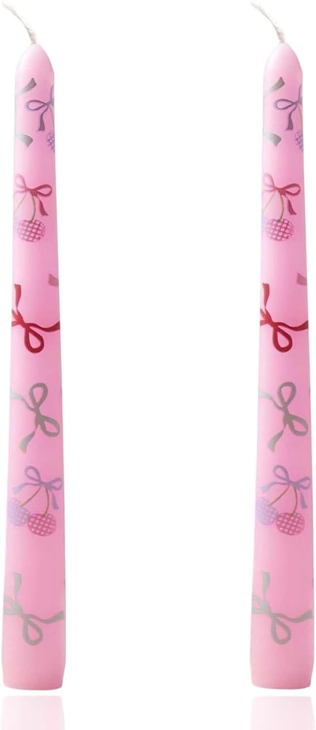2 Pack Pink Taper Candle 10 Inch Bow-Printed Candles,Candlesticks Unscented Dripless Tapered Candl Set for Decor Wedding Party Dinner,Valentine's Day,Various Festivals to Celebrate (Bow, Pink)