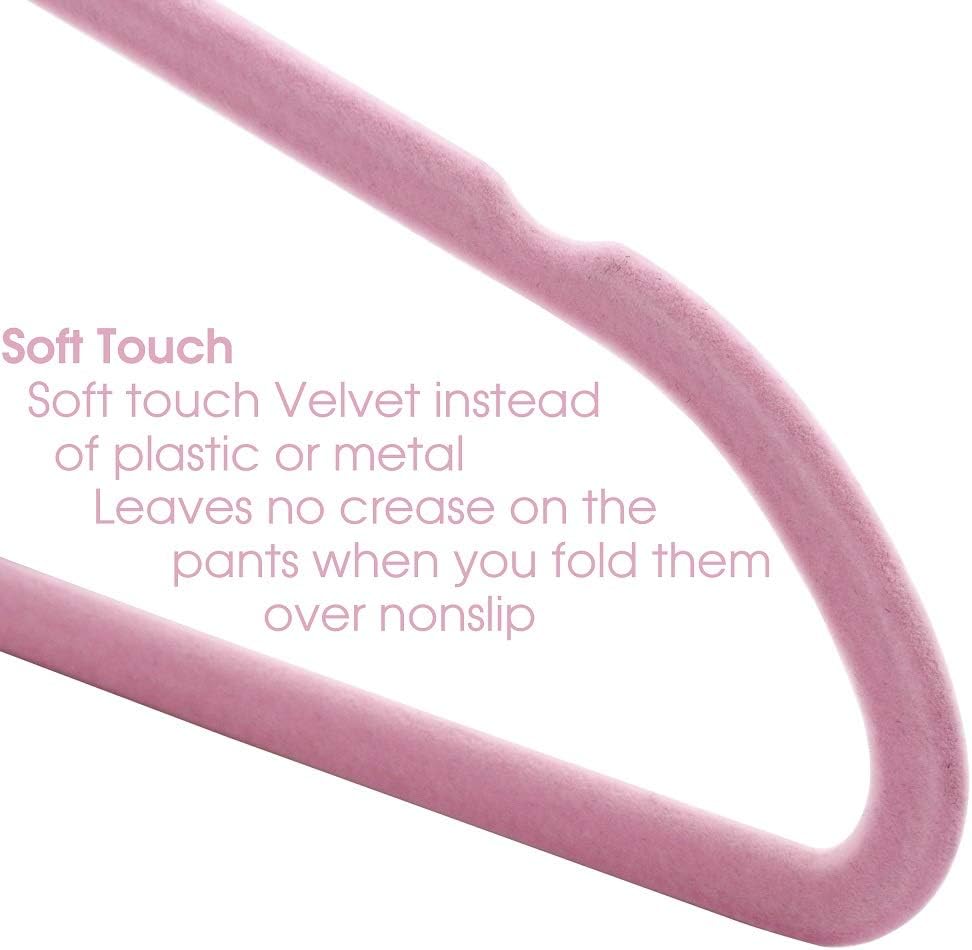 Elama 100 Piece Set of Velvet Slim Profile Heavy Duty Felt Hangers with Stainless Steel Swivel Hooks in Pink