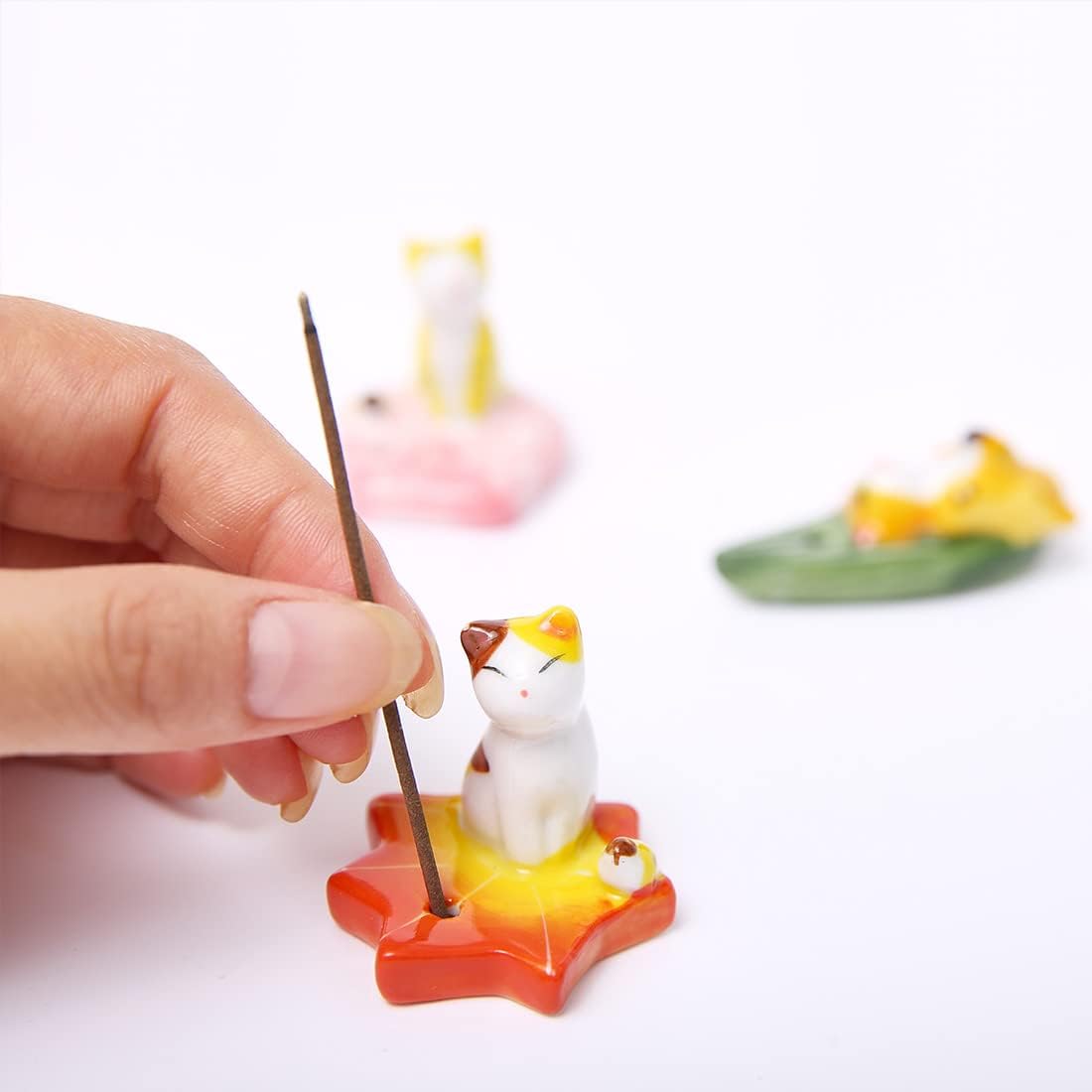 Set of 3, Japanese Mini Cute Kitty Cat Handmade Ceramic Incense Stick Holder or Incense Burner Holder, Adorable Animal Theme Inscent Tray for Home Decor Yoga Spa Meditation, 1.57 inch