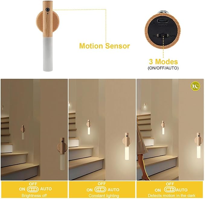 LANDGOO Wooden Motion Sensor Night Light 2-Pack, Ash Wood, Rechargeable