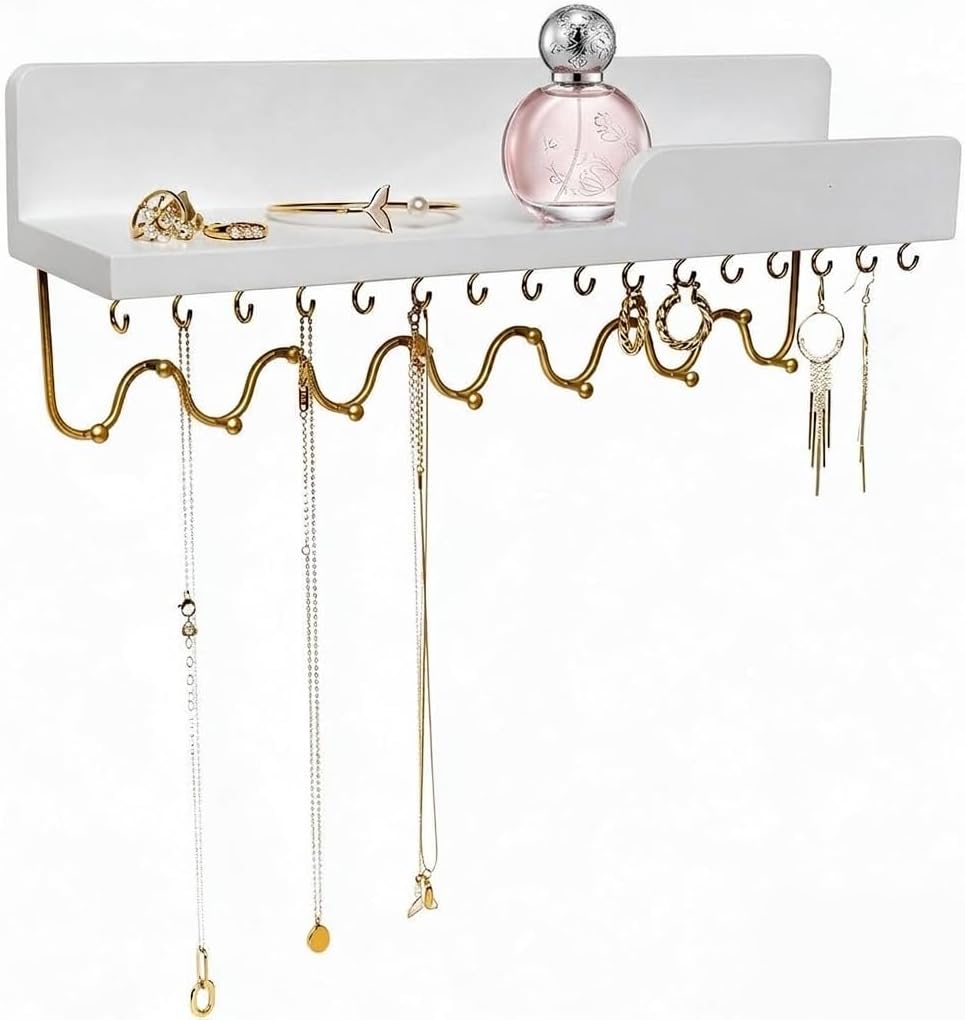 29 Hooks Wall Mount Necklace Holder Organizer, White Decorative Wood Jewelry Shelf with Gold Metal Wave Bar and Guardrail for Necklace, Pendant, Chain, Bracelet, White