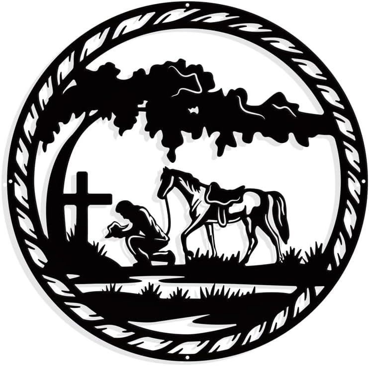 NBEADS Praying Cowboy Metal Wall Art Decor, Round Matte Black Wall Hanging Decor Silhouette Wall Art for Home Bedroom Living Room Bathroom Kitchen Office Hotel Wall Decoration, 11.5"(29.2cm)