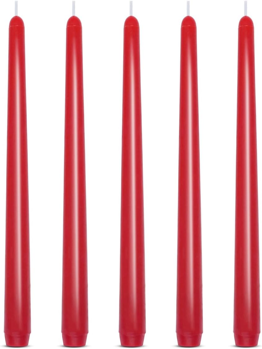 Set of 5 Red Taper Candles, Dripless Unscented Skinny 10 Inch Tall 7/8 Inches Diameter Wax Solid Colored Candlesticks for Home Table Valentine's Day Decor, 8 Hour Burn Time