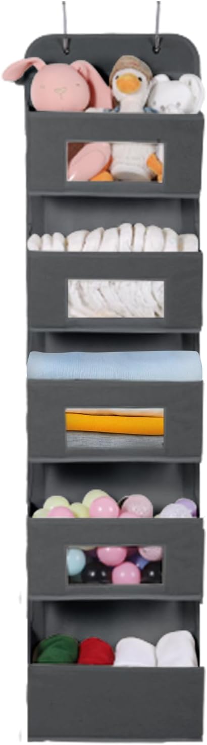 5-Shelf Over The Door Hanging Organizer with 2 Hooks for Room, Gray-2 Pack