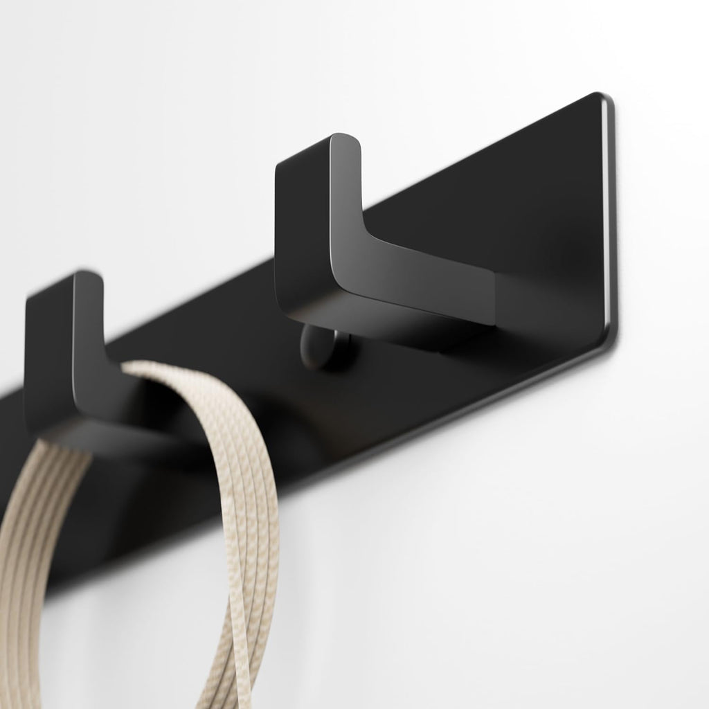 Black Coat Rack Wall Mount - 12.5" Rail with 4 Right-Angle Hooks(2 Pack)