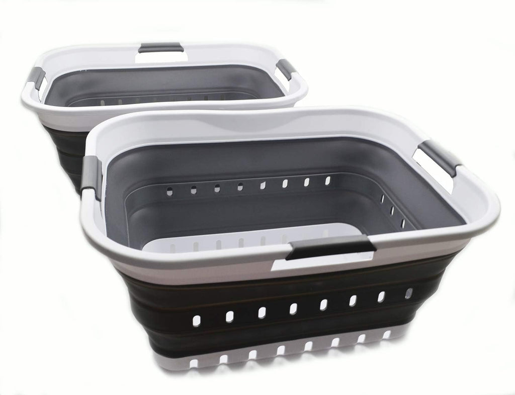 SAMMART 42L (11 gallon) Collapsible Plastic Laundry Basket - Foldable Pop Up Storage Container/Organizer - Portable Basket - Space Saving Hamper/Basket (2, White/Dark Grey)
