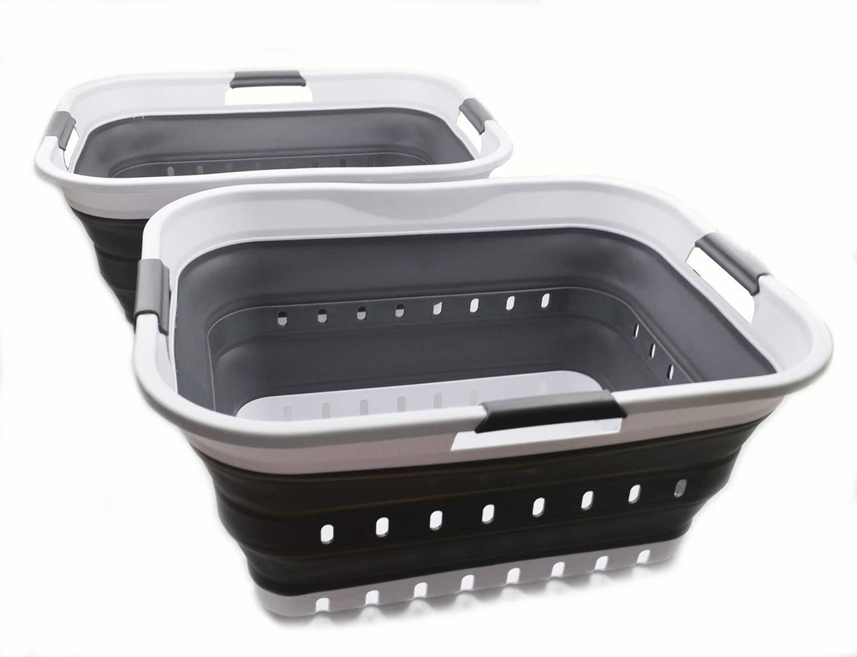 SAMMART 42L (11 gallon) Collapsible Plastic Laundry Basket - Foldable Pop Up Storage Container/Organizer - Portable Basket - Space Saving Hamper/Basket (2, White/Dark Grey)
