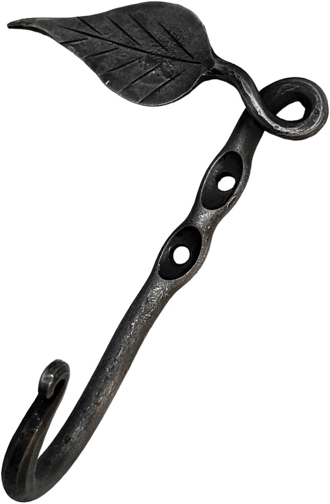 Living Ideas Hand Forged Wall Mounted Leaf Hook Wrought Iron Handmade Metal Rustic Hook for Plant, Mug & Hat Blacksmith Farmhouse Decor Coat Hook Rack Antique Finish Heavy Duty Kitchen Towel Hooks