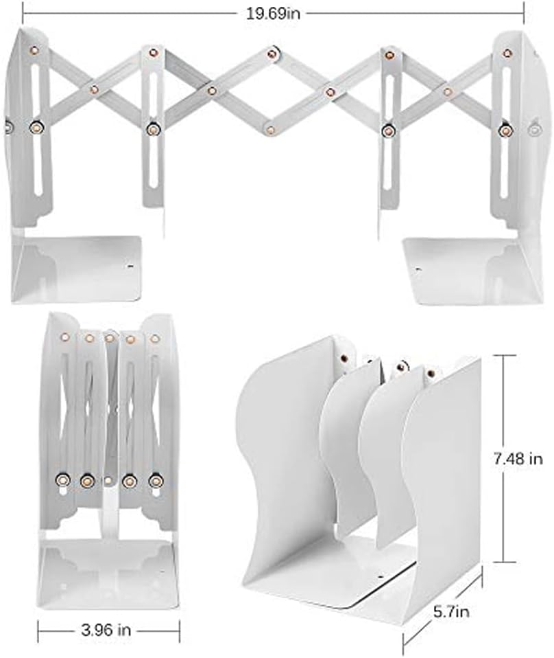 Metal Bookends for Heavy Books, Sturdy Book Stopper to Hold Books Heavy Duty, Adjustable Book Ends for Office & School (White)