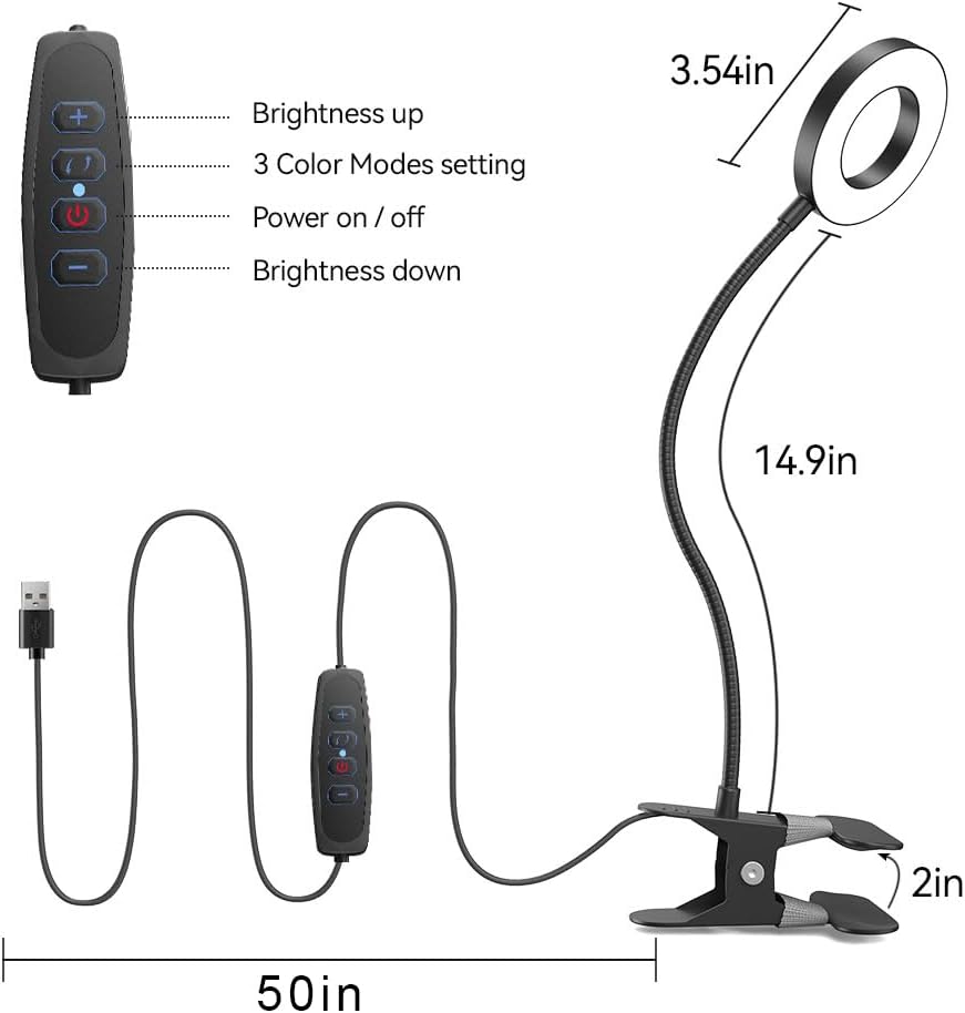LED Desk Lamp Clip on Light with 3 Color Modes 10 Brightness Ring/Clamp Light 360° Adjustable Neck Dimmable Eye Protection Desk Lamps for Home Office (2 Pack Clip Lamp)