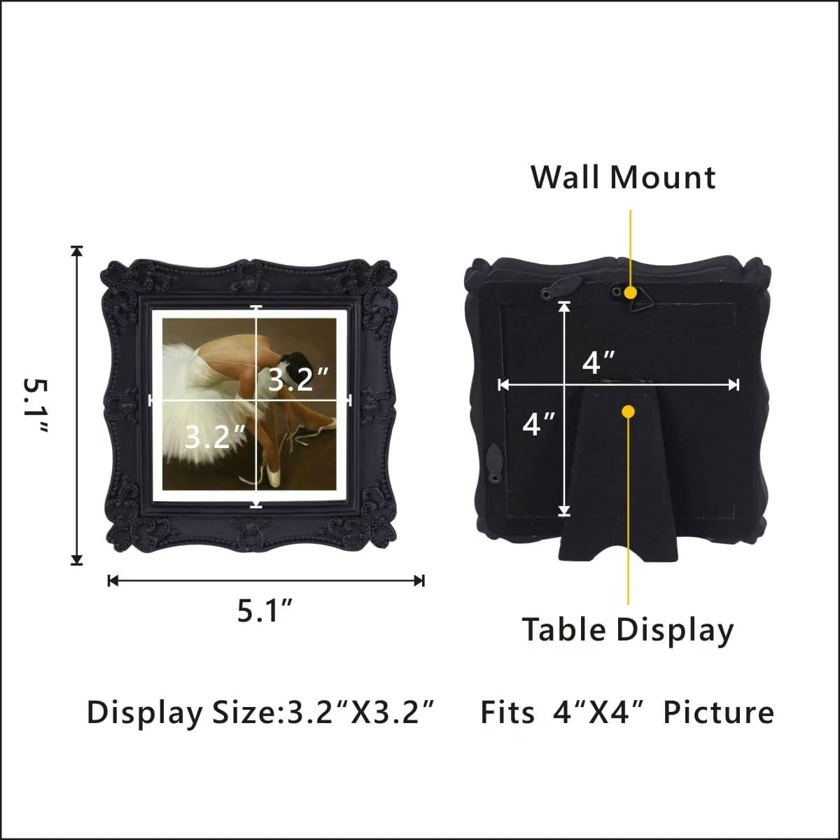 Vintage Picture Frame,Antique Style,Old-Fashioned,Square/Oblong Shape,Wall and Tabletop Victorian Frame,Gothic Look(Black, 4X4)
