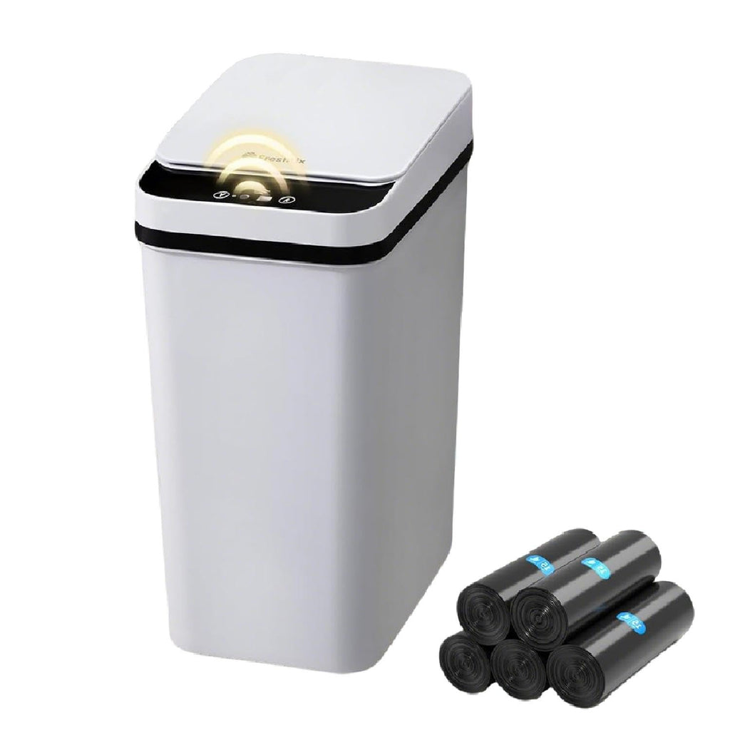 FRESHLIX Bathroom Trash Can 2.5 Gallon Automatic Small Garbage Can with Lid, Slim Motion Sensor Plastic Narrow Trash Bin for Bedroom, Kitchen, Office (A-Basic Battery Supply-Grey)