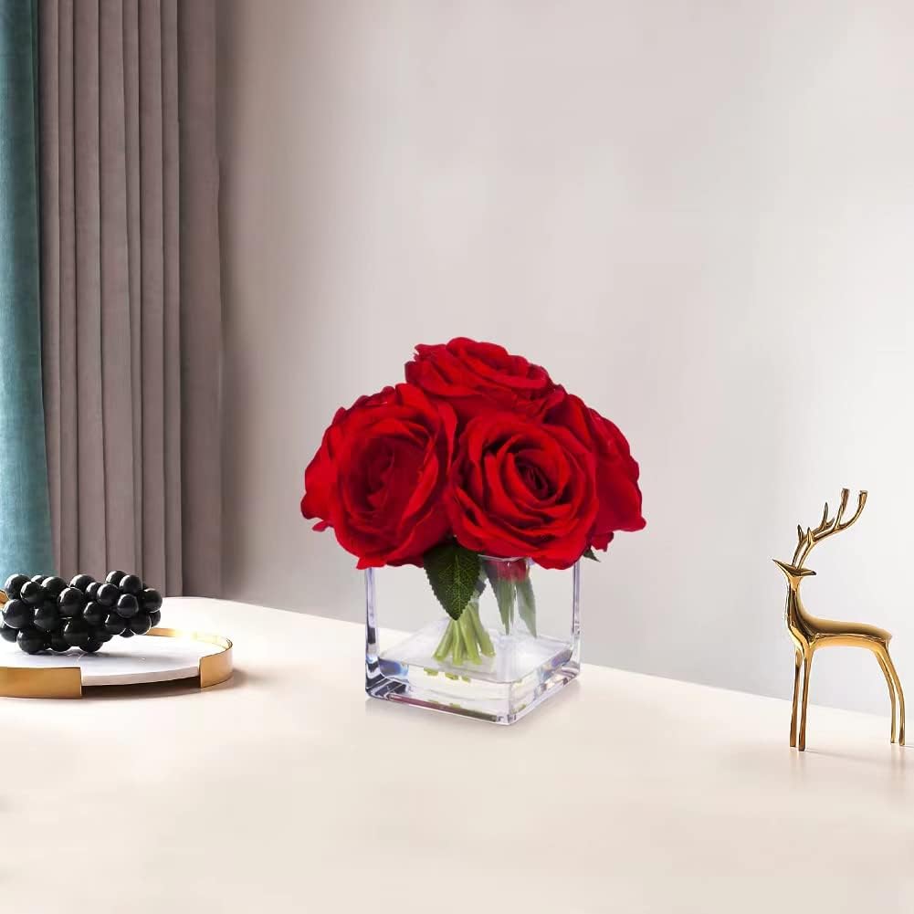 Enova Floral 7 Large Stems Artificial Silk Roses Fake Flowers Arrangement in Cube Glass Vase with Faux Water for Home Office Wedding Decoration (Red)