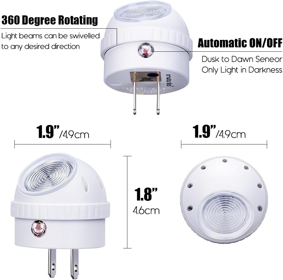 Emotionlite Plug-in Night Lights, Warm White LED Nightlight, 360° Rotation, Dusk to Dawn Sensor, Adult, Bedroom, Hallway, Bathroom,Kitchen, Stairways, Corridor, 12 Pack