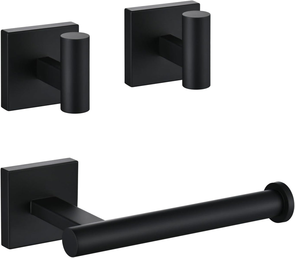 Toilet Paper Holder Set with 2 Robe Hooks, Matte Black