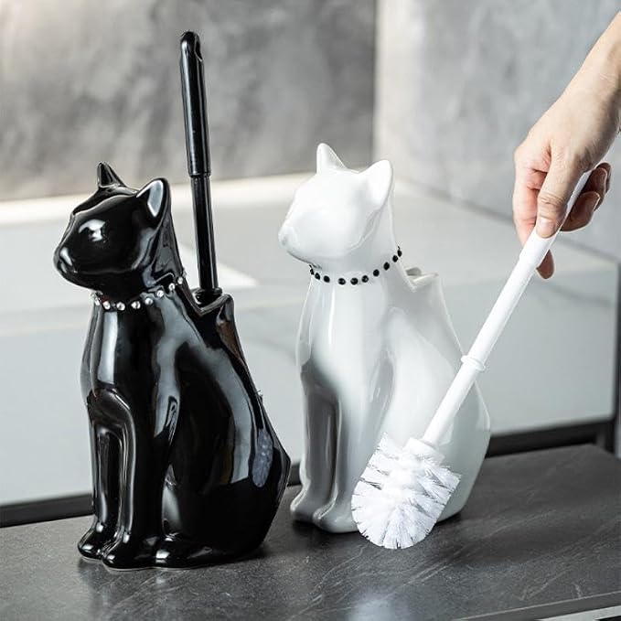 Comeon Ceramic Cat Toilet Brush and Holder Set, Plastic Handle, Black