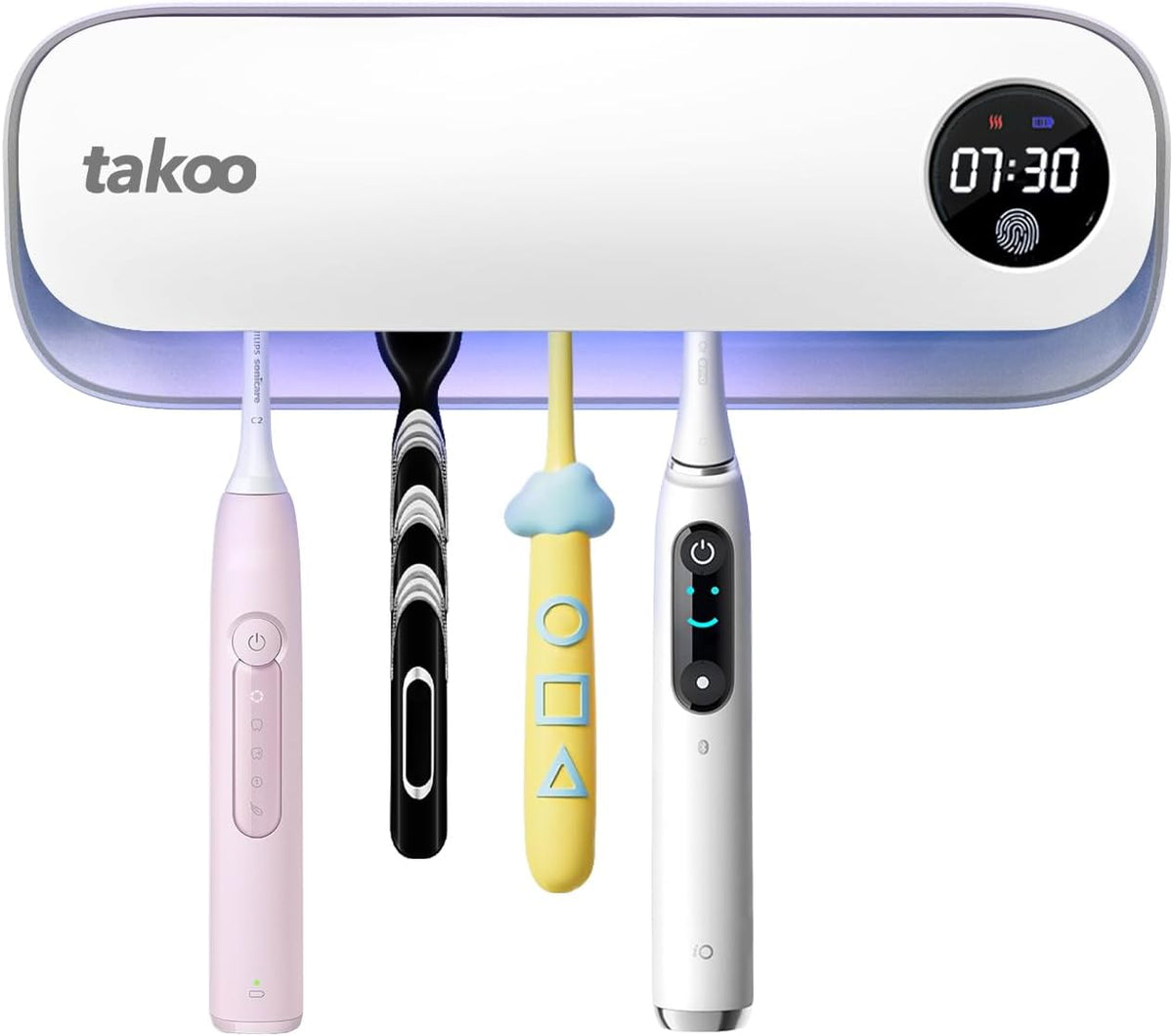 Takoo Toothbrush Cleaner, 4 Slots Wall Mounted Toothbrush Holder for Bathroom, Smart Hot Air Drying Technology, Rechargeable Smart Home Gadget