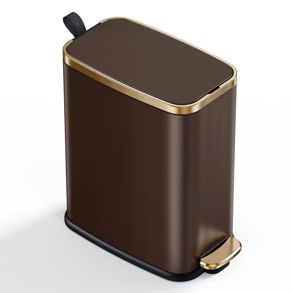 CEROELDA Small Bathroom Trash Can with Lid-5L/1.3 Gal-Soft Close Lid-Brown