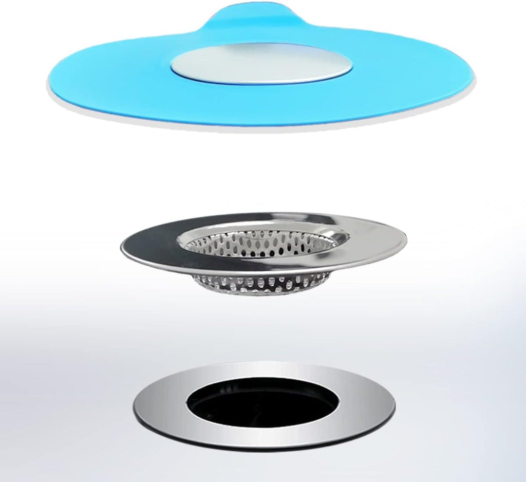 Seatery 2PCS Bathtub Stopper Hair Catcher Kit, Bathtub Drain Strainer, Tub Stopper Plug Cover, Sink Filter, Silicone Drain Stopper for Bathroom, Laundry (Blue)