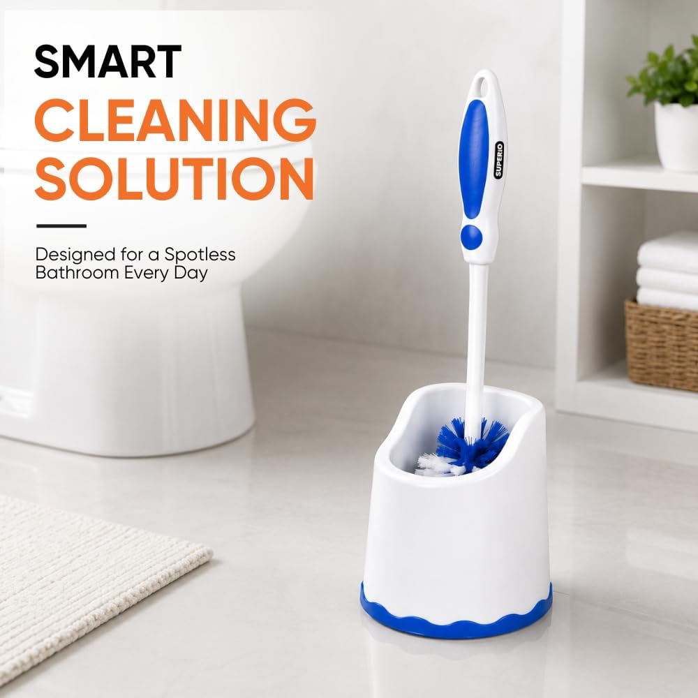 Superio Toilet Brush and Holder,Toilet Bowl Cleaning System with Scrubbing Wand, Under Rim Lip Brush and Storage Caddy for Bathroom, White and Blue