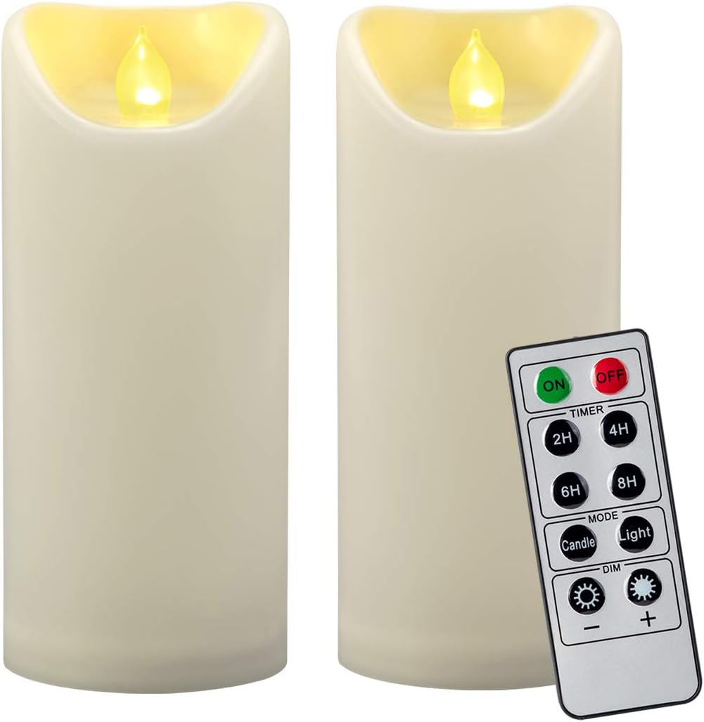 2 PCS 3"x7" Outdoor Waterproof Flameless LED Pillar Candles with Remote Timer, Battery Operated Electric Flickering Plastic Fake Candle for Halloween Christmas Lantern Decorations (Ivory)