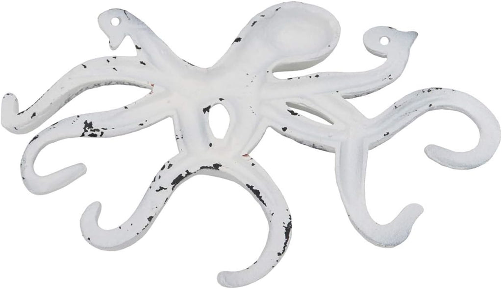 Octopus Keys Hook, Decorative Wall Mounted Nautical Wall Rack, Antique Key Holder Hook, Cast Aluminum Hanger for Hand Towel, Bathrobe, Jacket, Bedroom, Bathroom, Kitchen & Balcony (Distressed White)