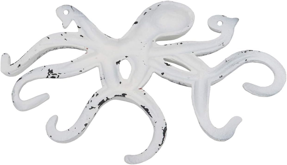 Octopus Keys Hook, Decorative Wall Mounted Nautical Wall Rack, Antique Key Holder Hook, Cast Aluminum Hanger for Hand Towel, Bathrobe, Jacket, Bedroom, Bathroom, Kitchen & Balcony (Distressed White)