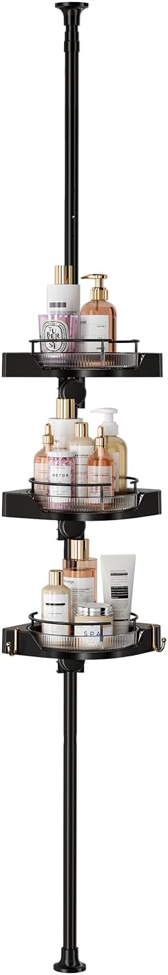 YCIA&DONE 360° Rotating Corner Shower Caddy Tension Pole, 3 Tiers Shower Organizer for Bathroom Shelf Bathtub, Adjustable Standing Shower Rack, Easily Assemble, 34-124 Inch Height, Black