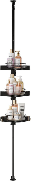 YCIA&DONE 360° Rotating Corner Shower Caddy Tension Pole, 3 Tiers Shower Organizer for Bathroom Shelf Bathtub, Adjustable Standing Shower Rack, Easily Assemble, 34-124 Inch Height, Black