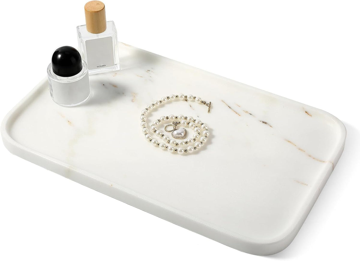 Karibiber Calacatta Vanity Tray, 14 in Marble Stone Bathroom Tray for Countertop, Golden Marble Decorative Perfume Tray for Dresser, Large Nightstand Tray, Storage Tray for Coffee Table