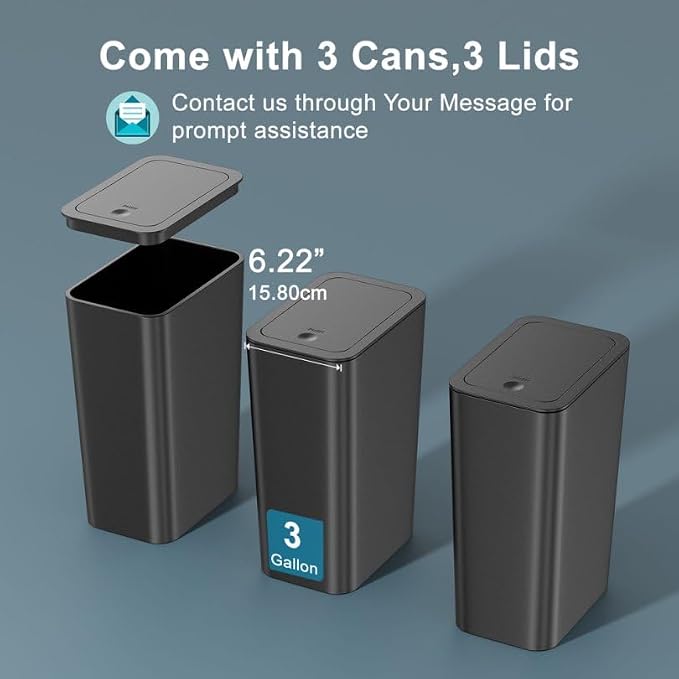 N. NETDOT 3 Pack 3 Gallon Small Trash Can with Lid, Bathroom Garbage Can with Pop-Up Lid, Waste Basket for Bathroom, Kitchen, Bedroom, Powder Room, Craft Room, Office, College (Black)