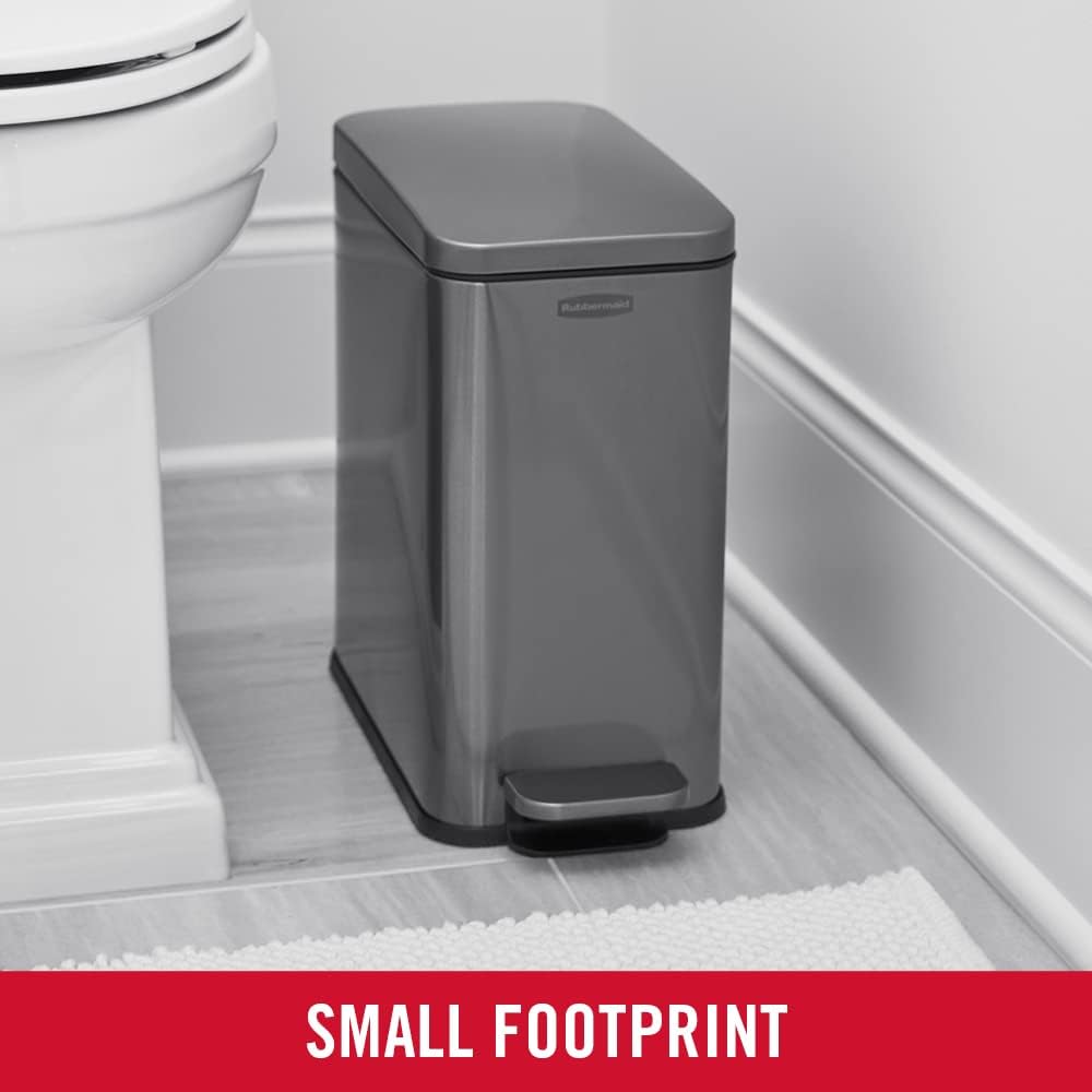 Rubbermaid Charcoal Stainless Steel Slim Step-On Trash Can, 2.6-Gallon, With Lid for Home/Bathroom/Kitchen