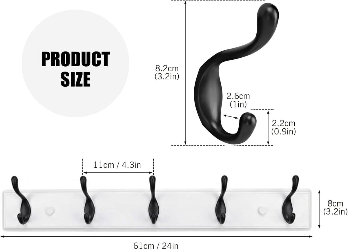 Heavy Duty Wooden Coat Rack, Wall-Mounted, Black Hook White Board, 24 Inch