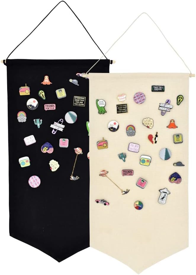Wall Hanging Brooch Jewelry Storage Case Canvas Display Stand Enamel Pin Display Banner Holder Earrings Necklace Glitter Pin Collection Organizer (Black+Burlywood)