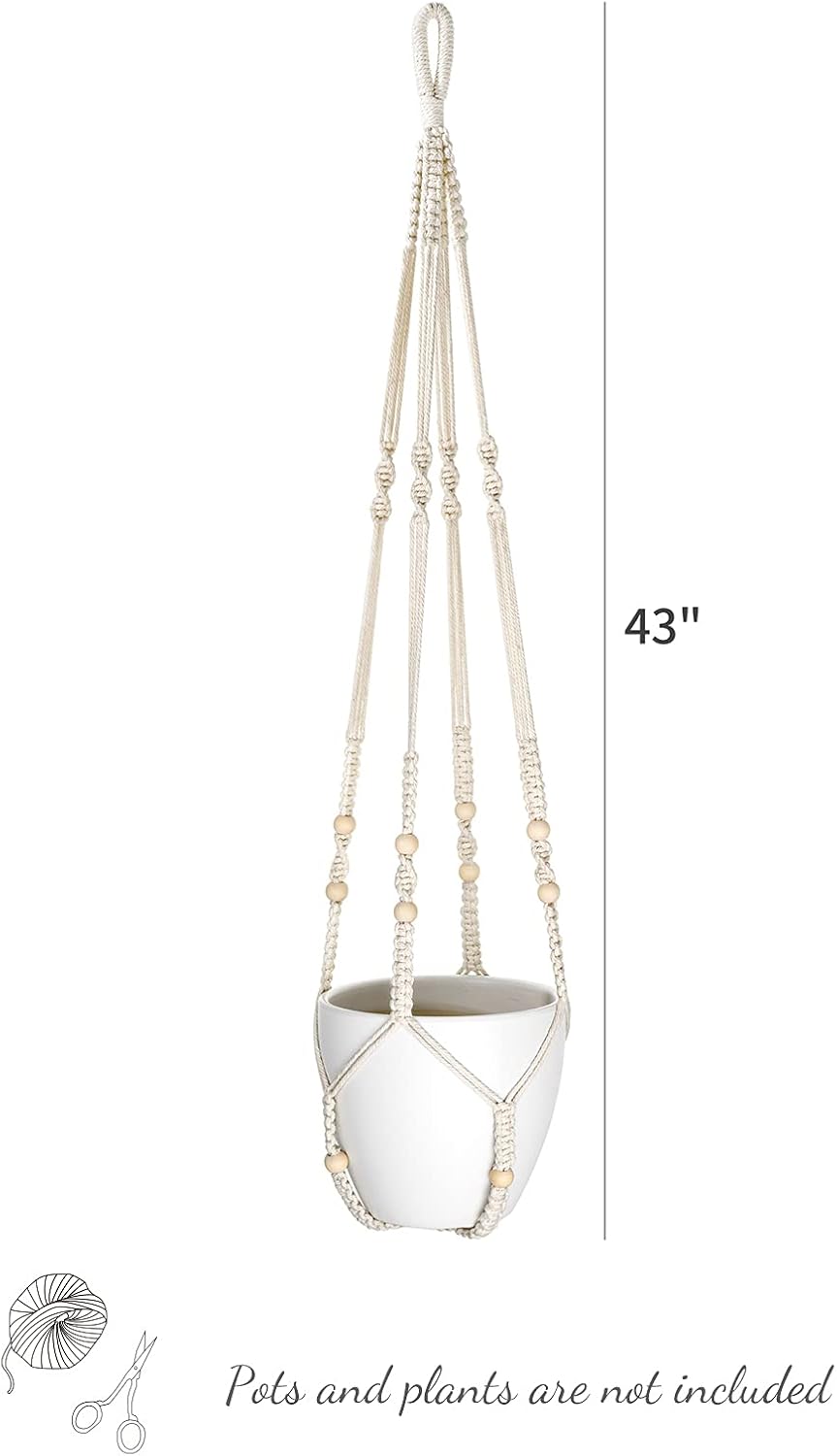 Mkono 43 Inch Macrame Plant Hanger Indoor Hanging Planter Holder Ivory 1Pc