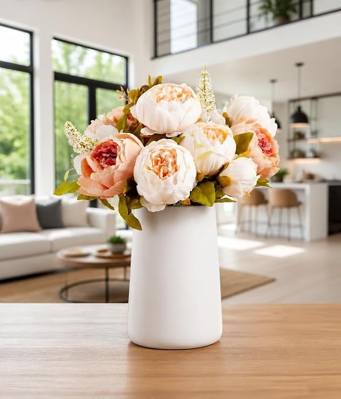 Queen Bee Silk Peony Bouquet with Ceramic Vase Included Large Size 14" Wedding Centerpiece Events Birthday Gift Bridal Baby Shower Floral Arrangement Artificial Fake Flowers (Champagne)