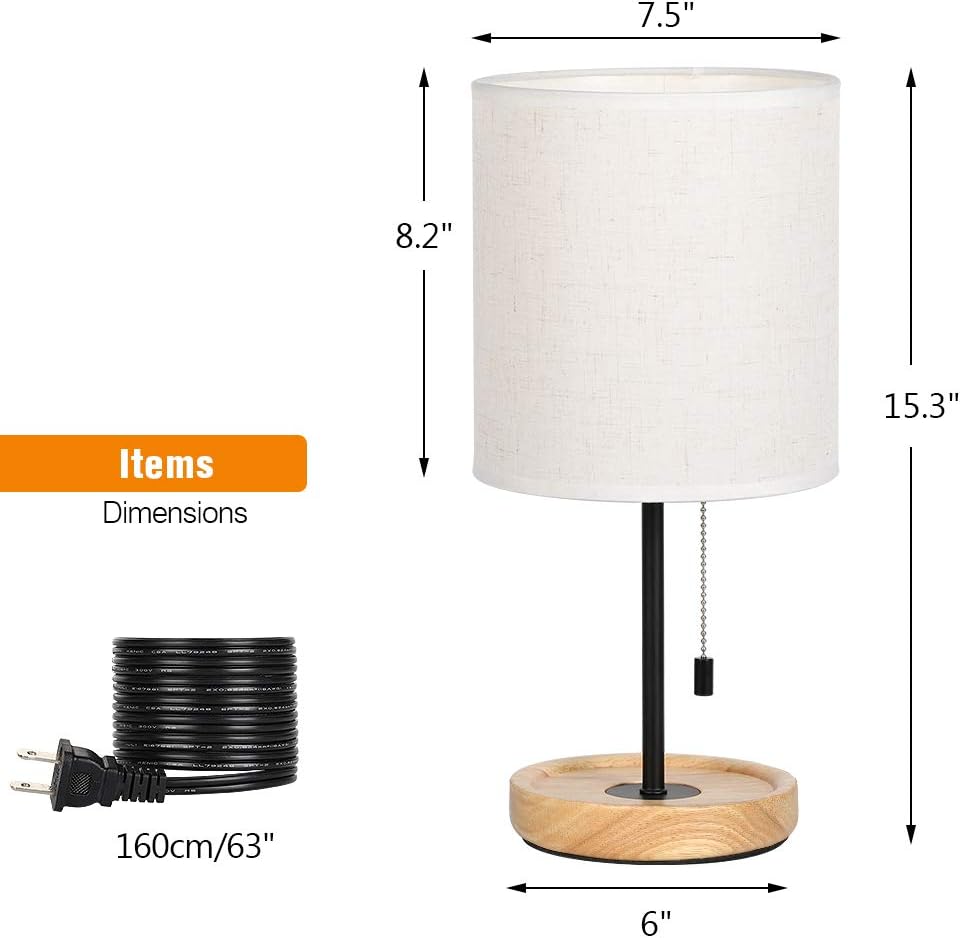 CADUKE Modern Table Lamp, Nightstand Desk Lamp, Bedside Lamp with Wood Base and Linen Shade for Living Room, Bedroom, Office, College Dorm