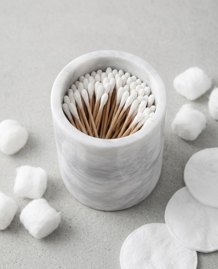 Marble Q-Tip Holder for Bathroom, White 4" Cotton Swab Canister