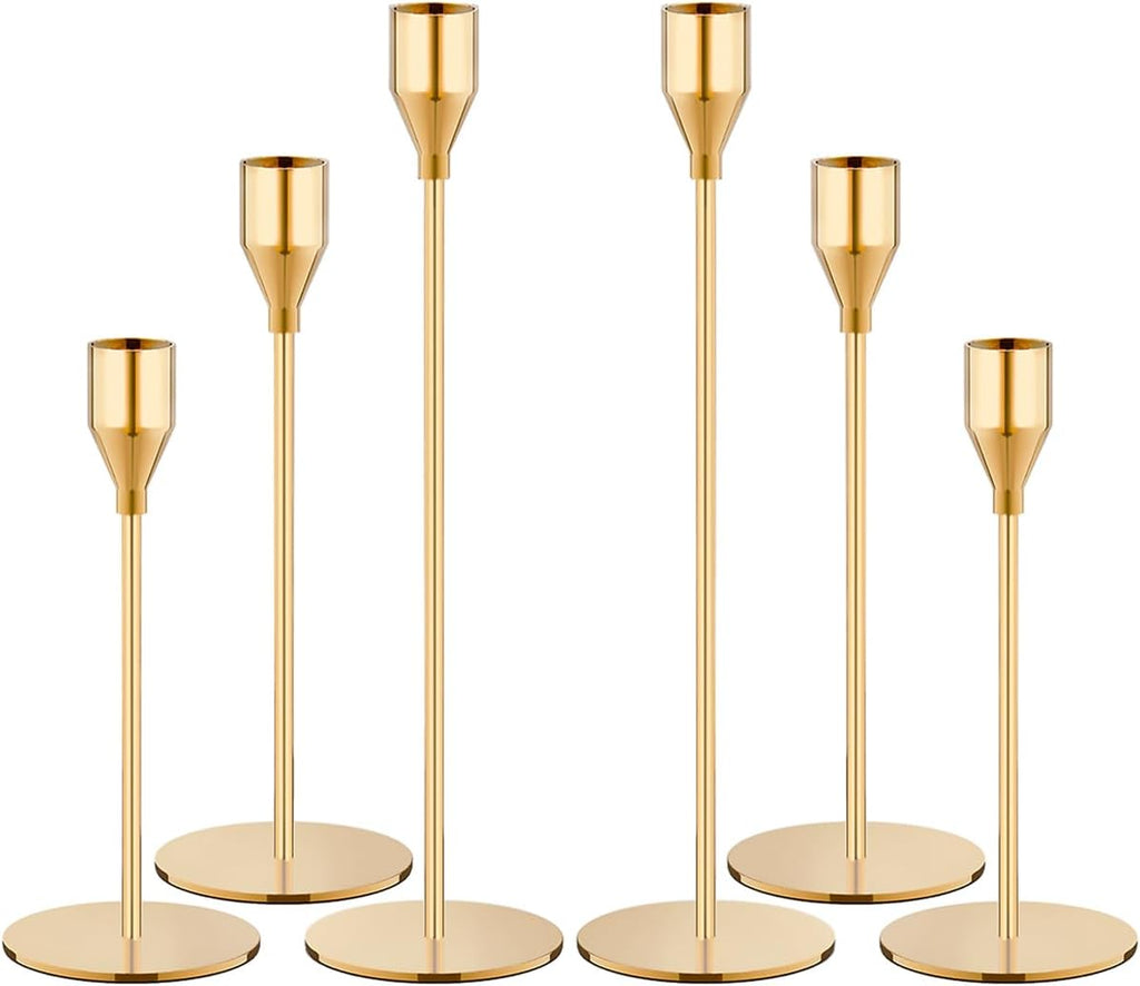 NLBTW Set of 6 Gold Taper Candle Holders, Tall Candlesticks Holder for Dining Table Centerpiece, Fall Decor, Fireplace Mantel & Wedding Gift (Fits 3/4" Thick Candles)