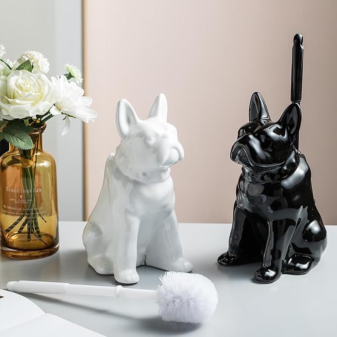 Comeon Ceramic Dog White Toilet Brush and Holder Set, Plastic Handle