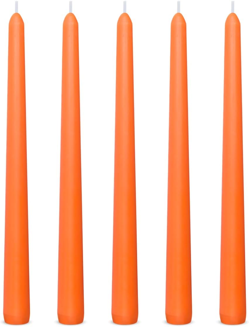 Set of 5 Orange Taper Candles, Unscented Skinny 10 Inch Tall 7/8 Inches Base Wax Fall Autumn Colored Candlesticks for Thanksgiving Day Home Harvest Table Decor, 8 Hour Burn Time