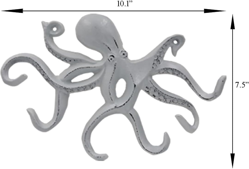 Octopus Keys Hook, Decorative Wall Mounted Nautical Wall Rack, Antique Key Holder Hook, Cast Aluminum Hanger for Hand Towel, Bathrobe, Jacket, Bedroom, Bathroom, Kitchen & Balcony (Distressed White)