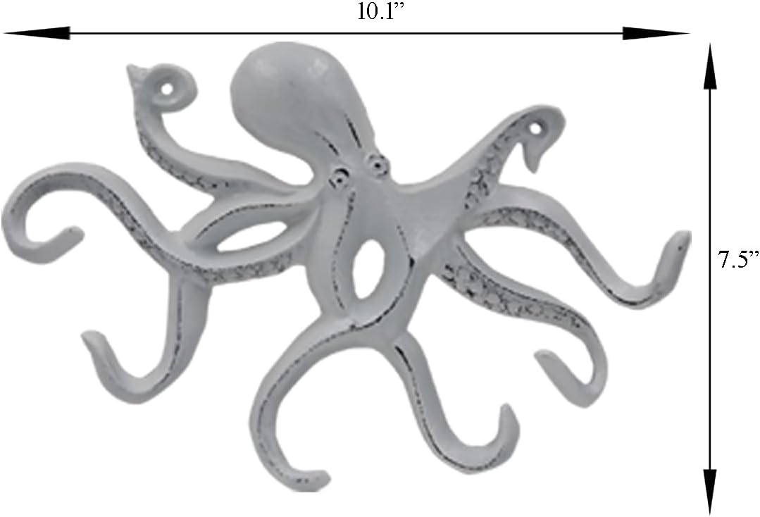 Octopus Keys Hook, Decorative Wall Mounted Nautical Wall Rack, Antique Key Holder Hook, Cast Aluminum Hanger for Hand Towel, Bathrobe, Jacket, Bedroom, Bathroom, Kitchen & Balcony (Distressed White)
