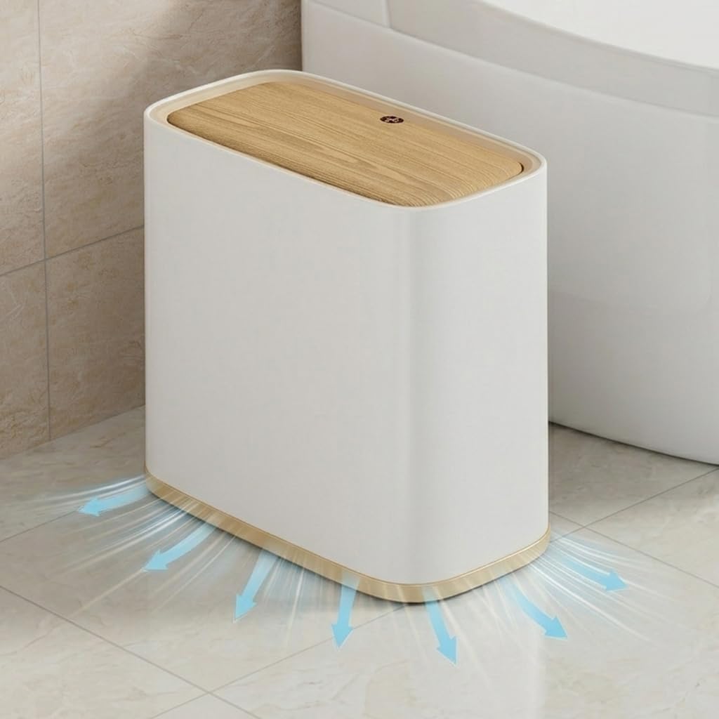 Bathroom Trash Can, 2.1 Gal Small Slim, Plastic White, Faux Wood Grain Lid
