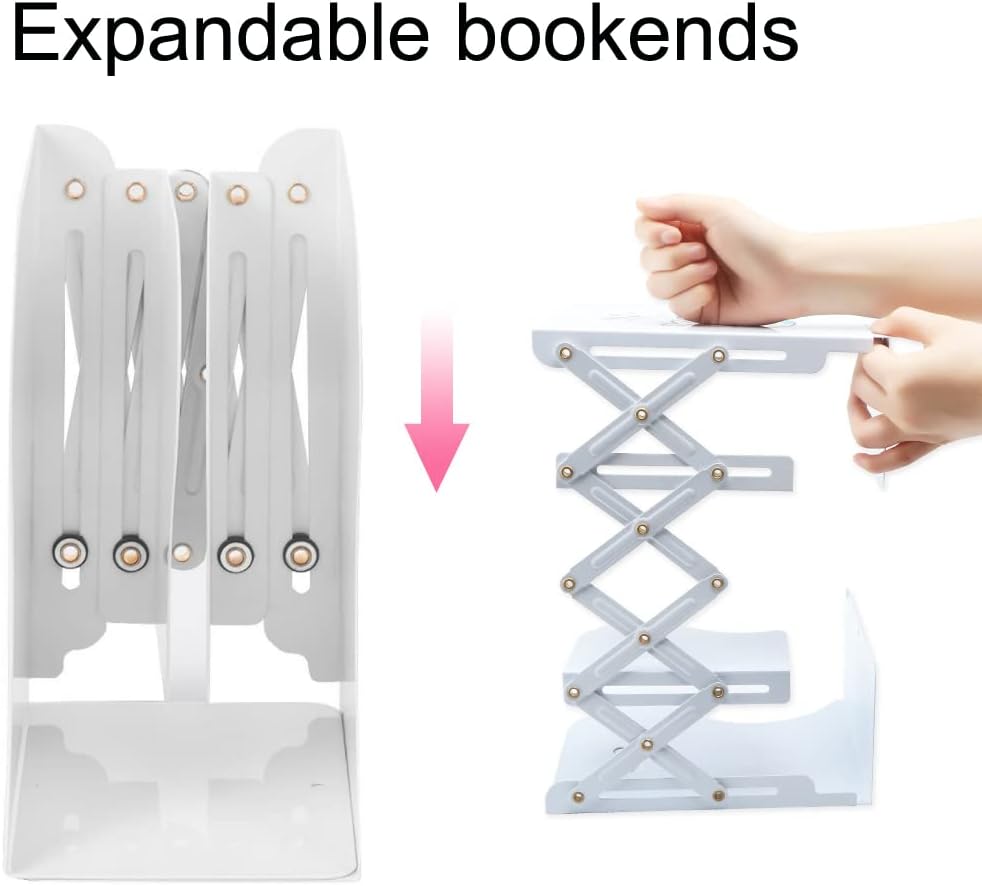 Metal Bookends for Heavy Books, Sturdy Book Stopper to Hold Books Heavy Duty, Adjustable Book Ends for Office & School (White)