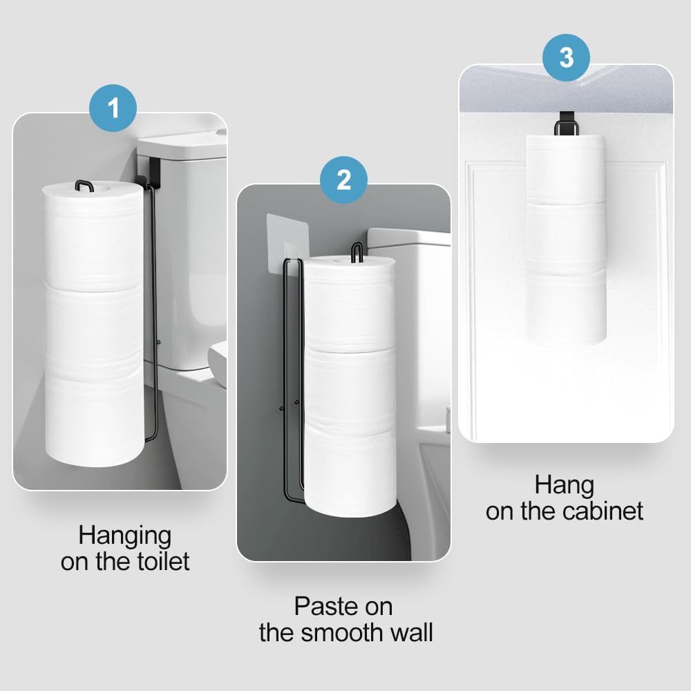 Matte Black Extra Toilet Paper Storage for 3 Roll Tissue Over The Tank Toilet Paper Roll Holder Stainless Steel Adhesive Hanging Toilets Tissue Holder Wall Mounted for Bathroom RV Camper(2 Pack)